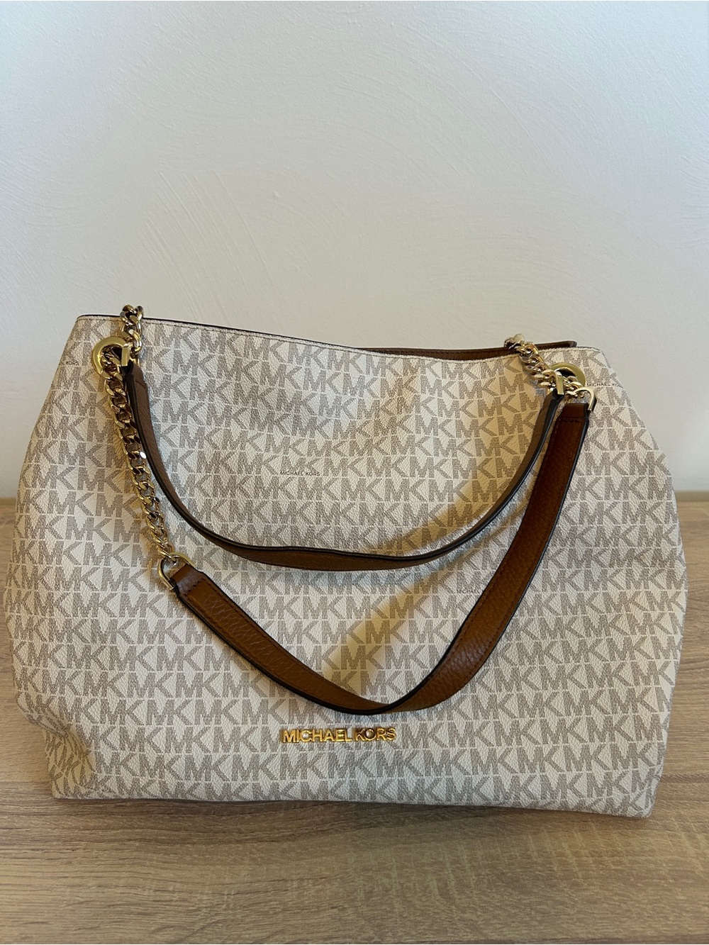 Michael Kors Cream and Brown Logo Tote Shoulder Bag
